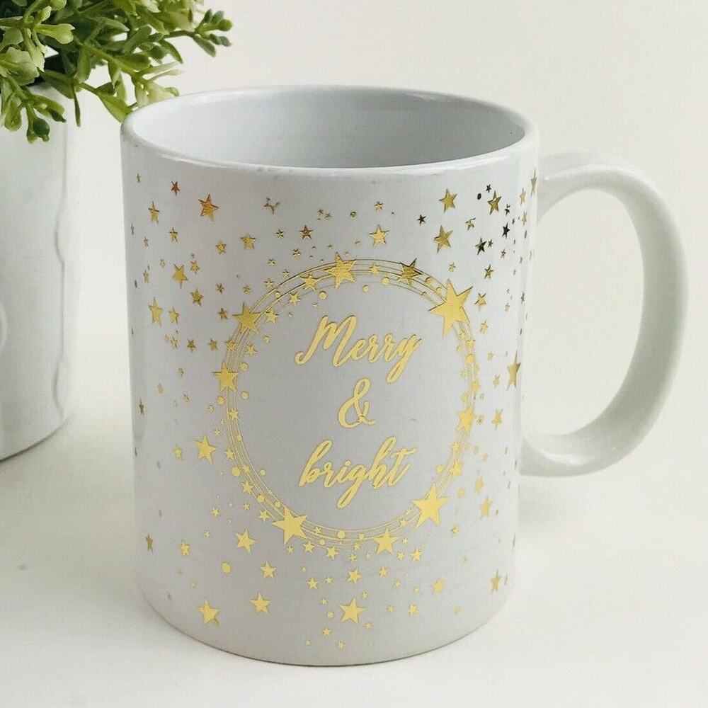 "Merry & Bright" Tri-Coastal Design White Gold Mug - Star Coffee Cup Design USA